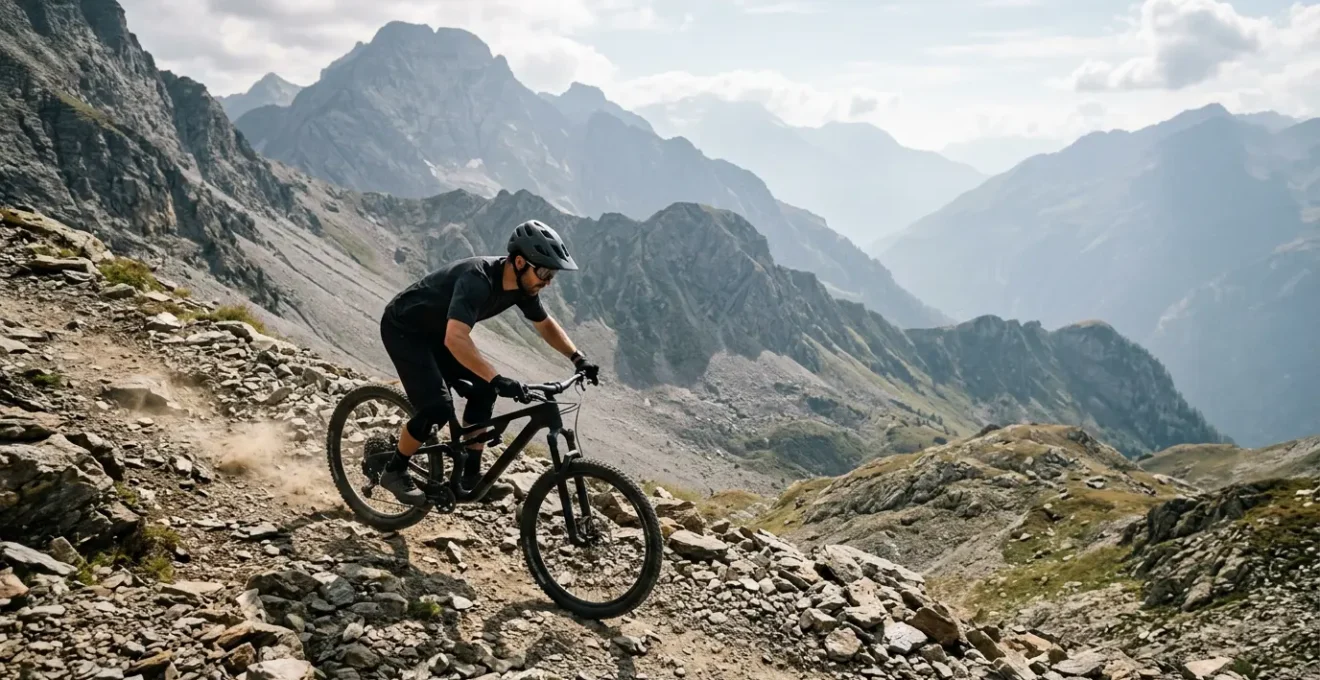 Cycliste VTT descendant une pente technique rocailleuse en position de sécurité dynamique