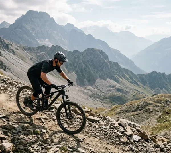Cycliste VTT descendant une pente technique rocailleuse en position de sécurité dynamique
