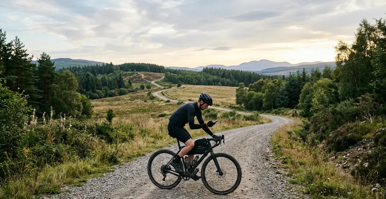 Cycliste gravel consultant un GPS dans un environnement naturel mixte