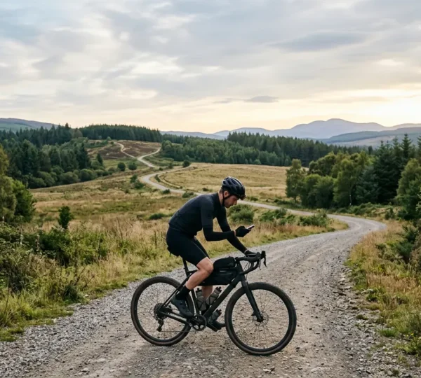 Cycliste gravel consultant un GPS dans un environnement naturel mixte