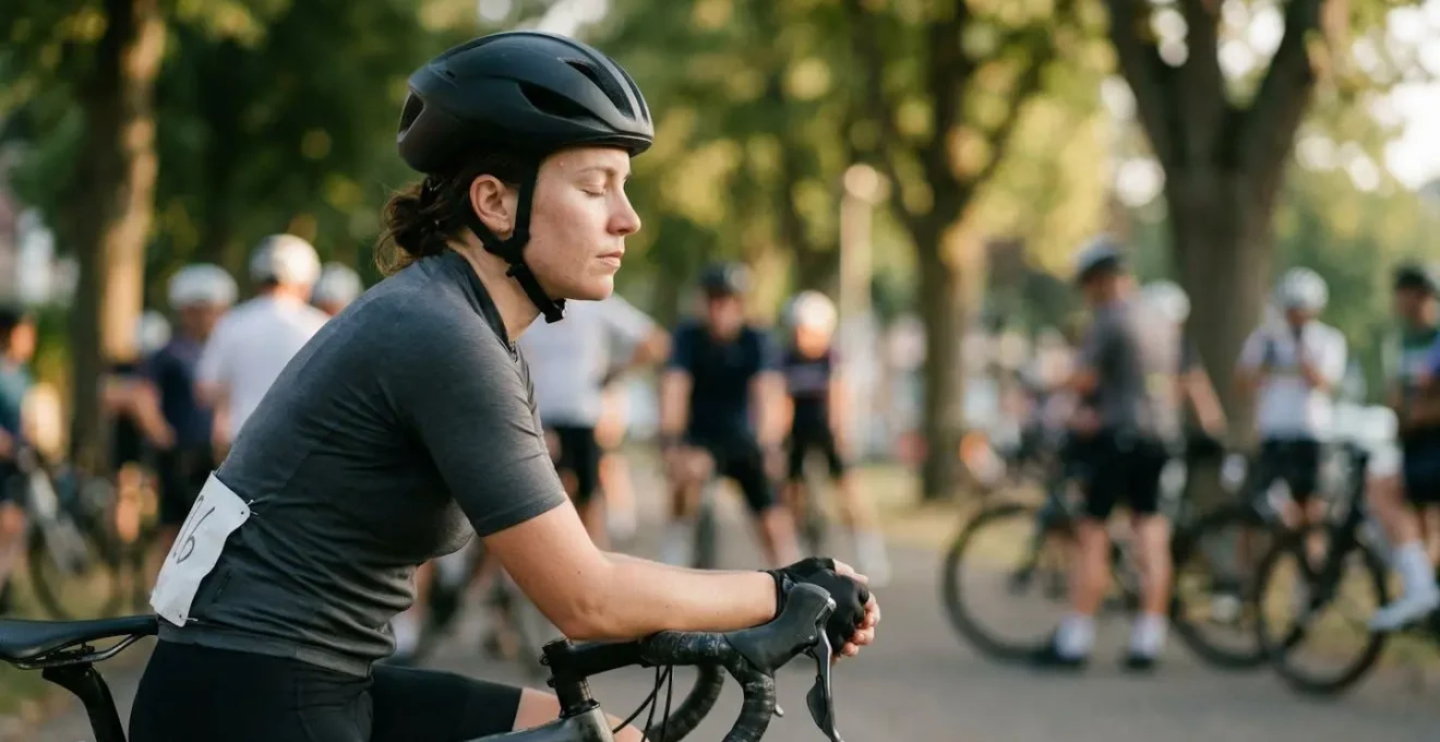 Cycliste concentré avant une course en peloton, préparation mentale et visualisation