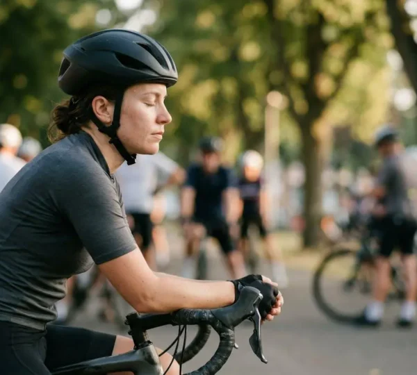 Cycliste concentré avant une course en peloton, préparation mentale et visualisation
