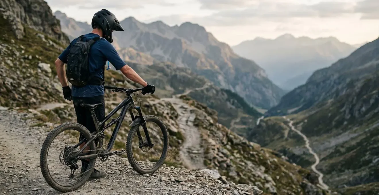 Cycliste en position de réflexion avant une descente technique, moment de préparation mentale