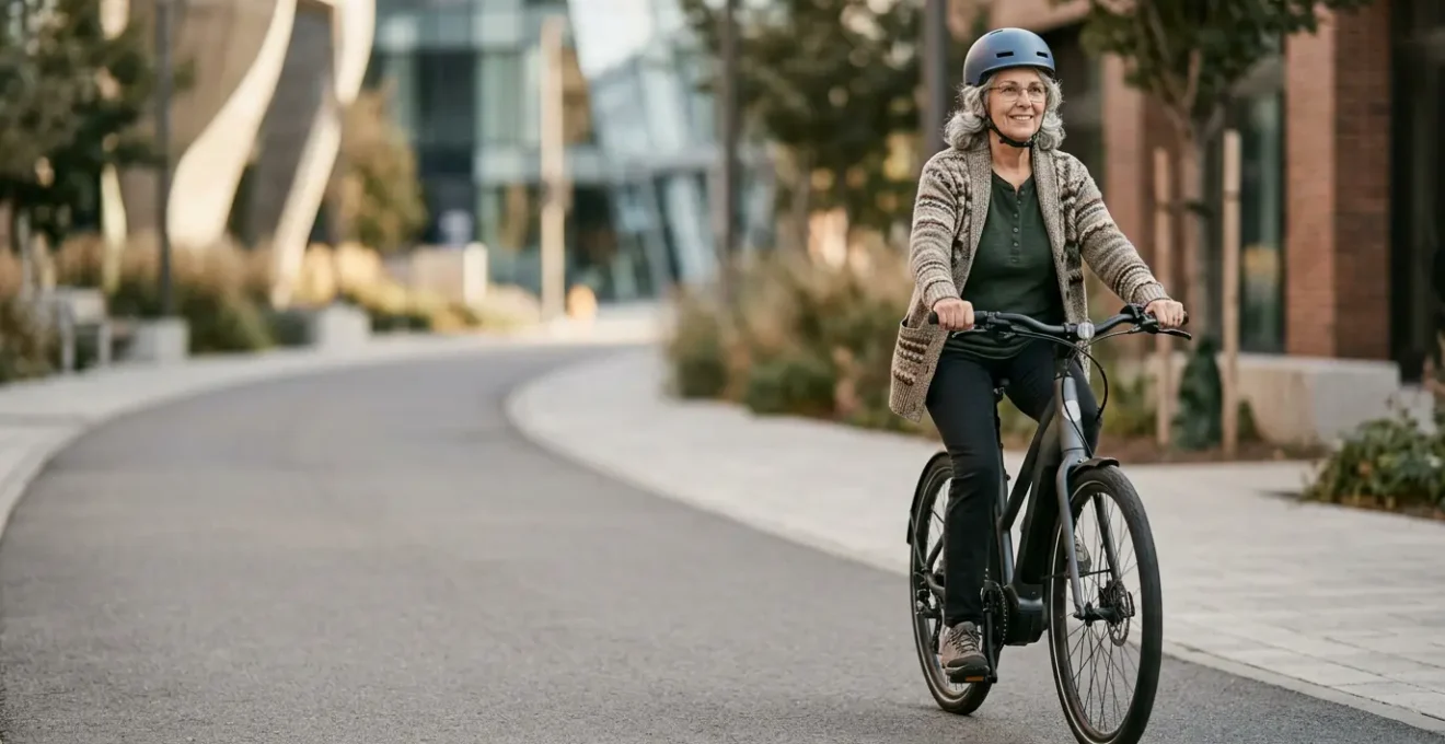 Personne senior utilisant un vélo électrique en ville avec confiance et sérénité