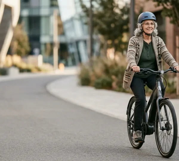 Personne senior utilisant un vélo électrique en ville avec confiance et sérénité