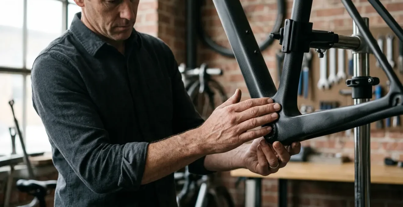 Inspection détaillée d'un cadre de vélo en carbone par un acheteur expérimenté lors d'une transaction d'occasion