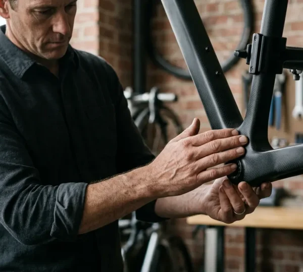 Inspection détaillée d'un cadre de vélo en carbone par un acheteur expérimenté lors d'une transaction d'occasion