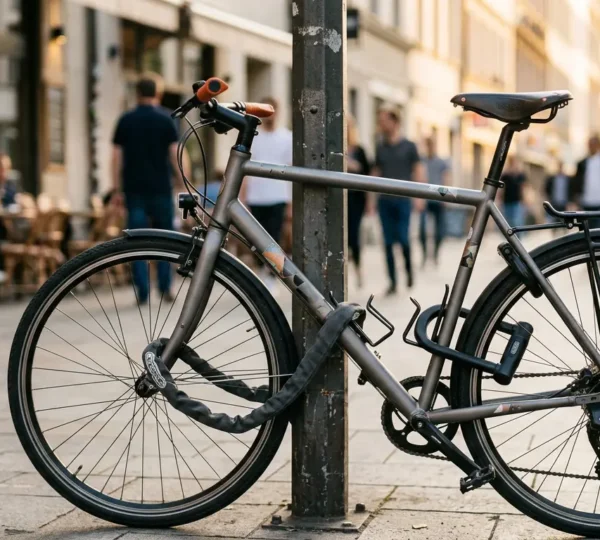 Protection stratégique de vélo avec deux antivols complémentaires dans un environnement urbain surveillé