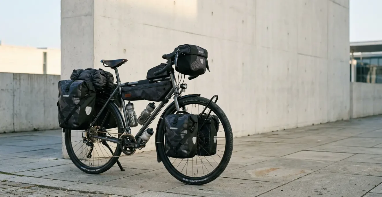 Cycliste urbain avec vélo équipé de sacoches remplies pour le quotidien