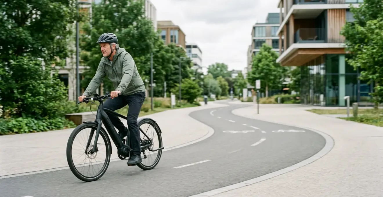 Cycliste urbain sur vélo électrique moderne naviguant sur piste cyclable avec affichage digital minimaliste