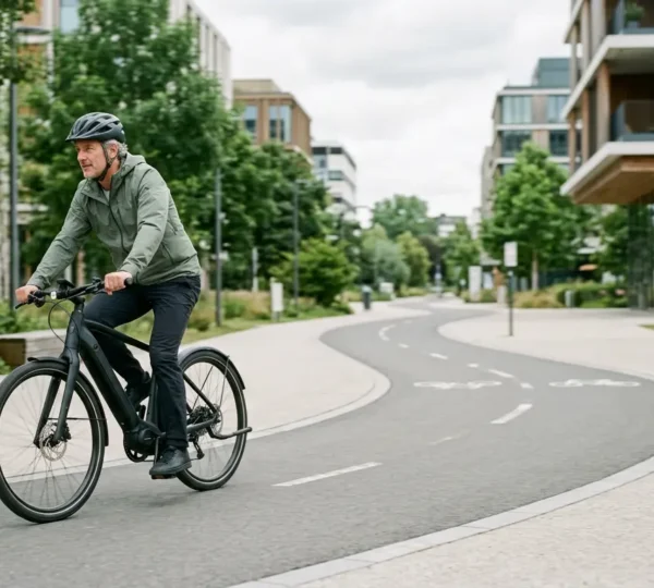 Cycliste urbain sur vélo électrique moderne naviguant sur piste cyclable avec affichage digital minimaliste
