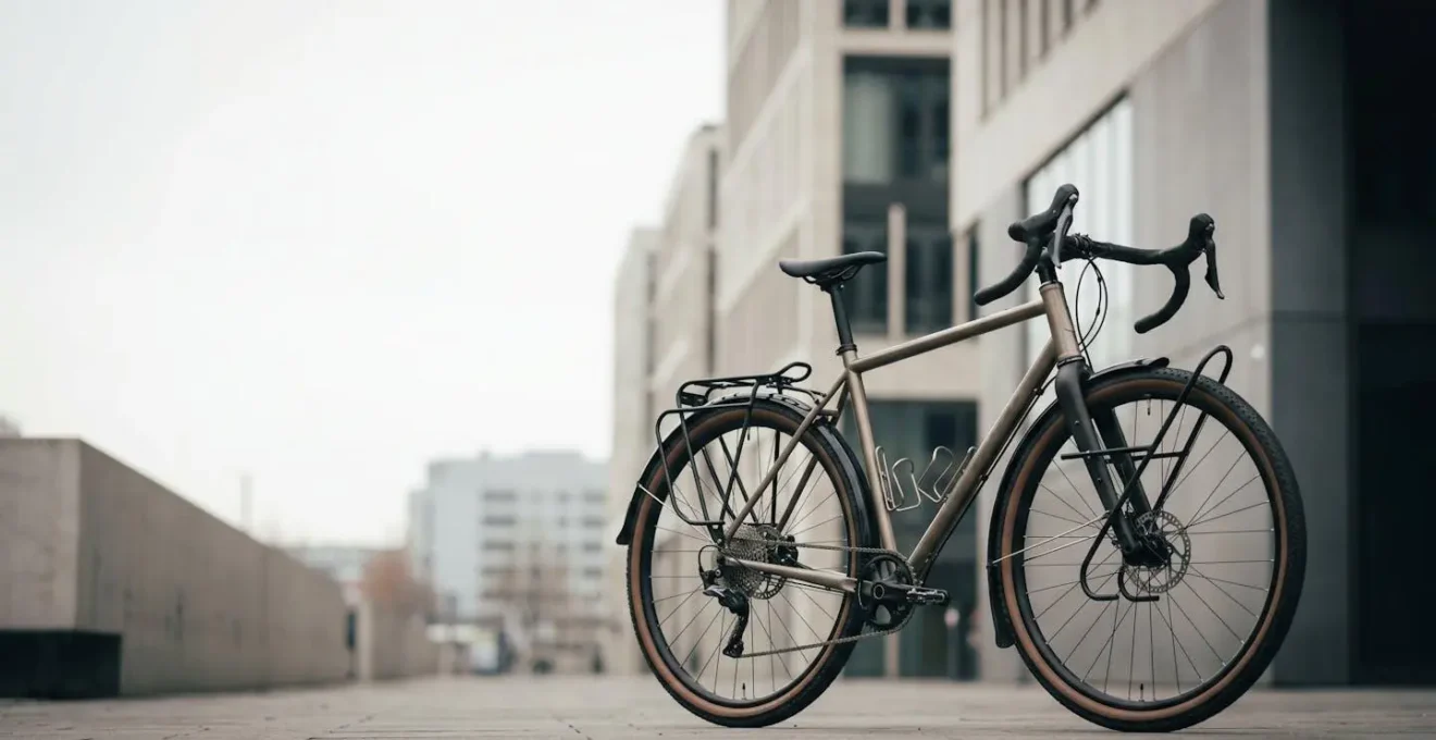 Vue d'ensemble minimaliste d'un vélo gravel positionné dans un environnement urbain sobre avec espace négatif