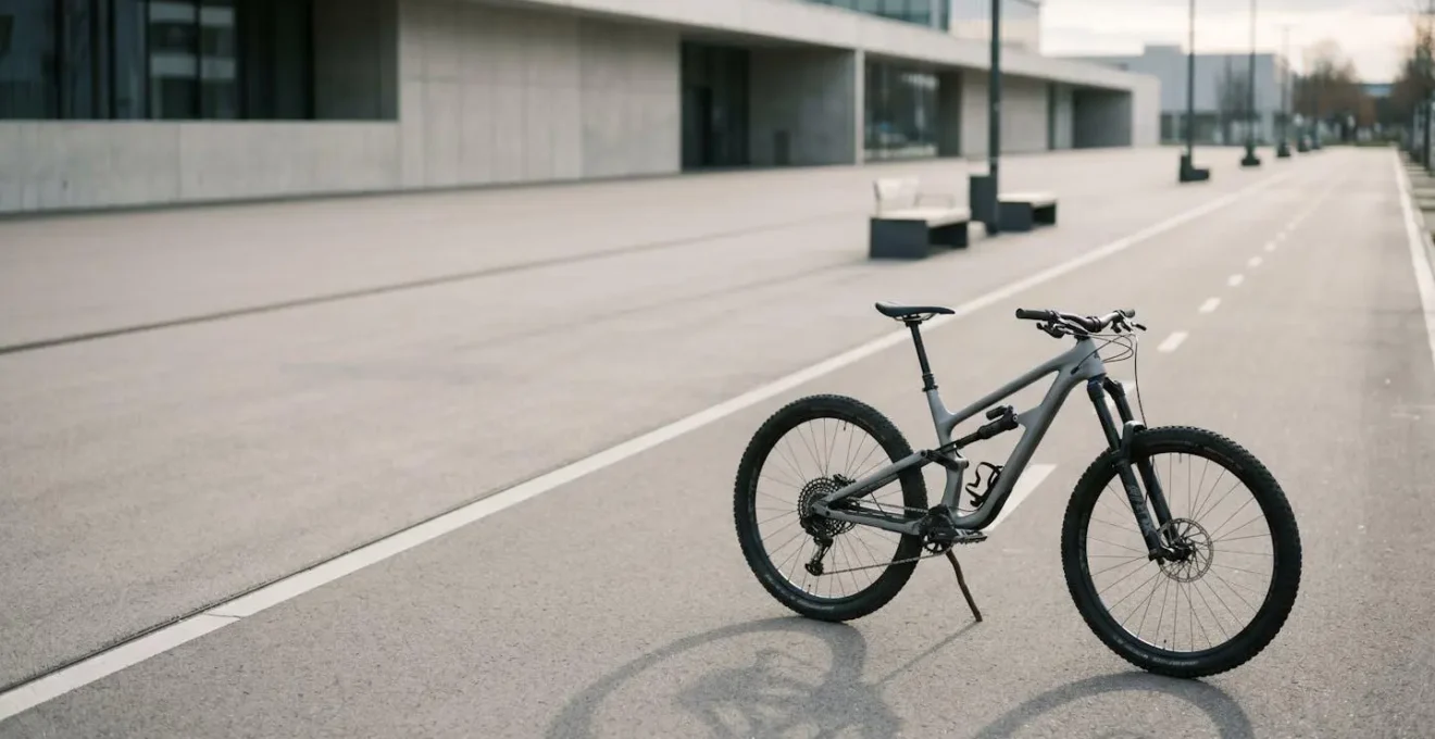 Vélo tout-suspendu professionnel sur un trajet urbain simple illustrant le sur-équipement