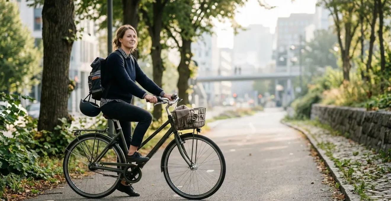 Cycliste urbain sur vélo de ville dans un environnement urbain calme et lumineux