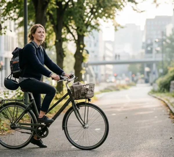 Cycliste urbain sur vélo de ville dans un environnement urbain calme et lumineux