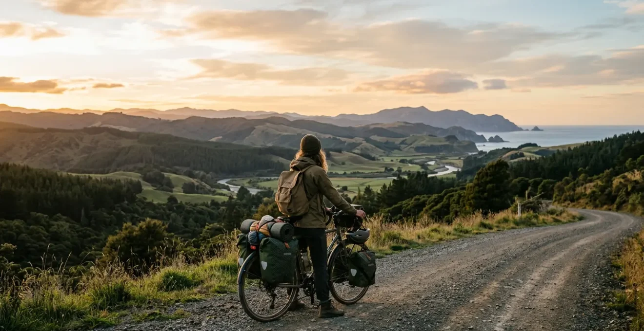 Cycliste en voyage contemplant un paysage naturel au lever du soleil sur une route secondaire paisible