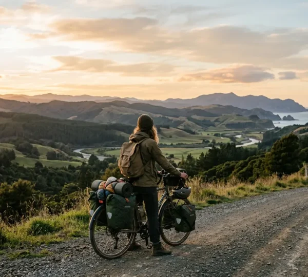 Cycliste en voyage contemplant un paysage naturel au lever du soleil sur une route secondaire paisible