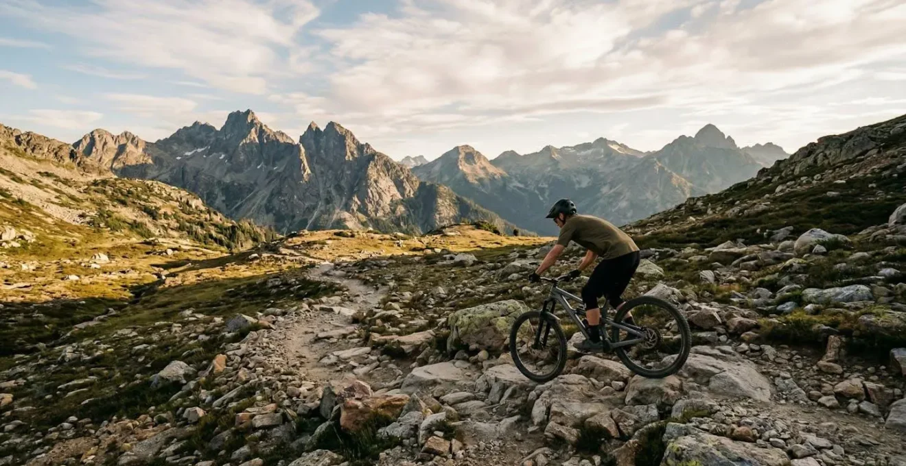 Cycliste débutant en VTT sur terrain montagneux accidenté avec équipement adapté