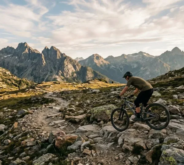 Cycliste débutant en VTT sur terrain montagneux accidenté avec équipement adapté