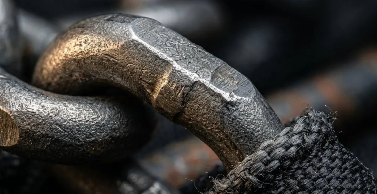 Gros plan macro sur la texture d'une chaîne antivol en acier cémenté montrant la surface durcie et les détails métalliques