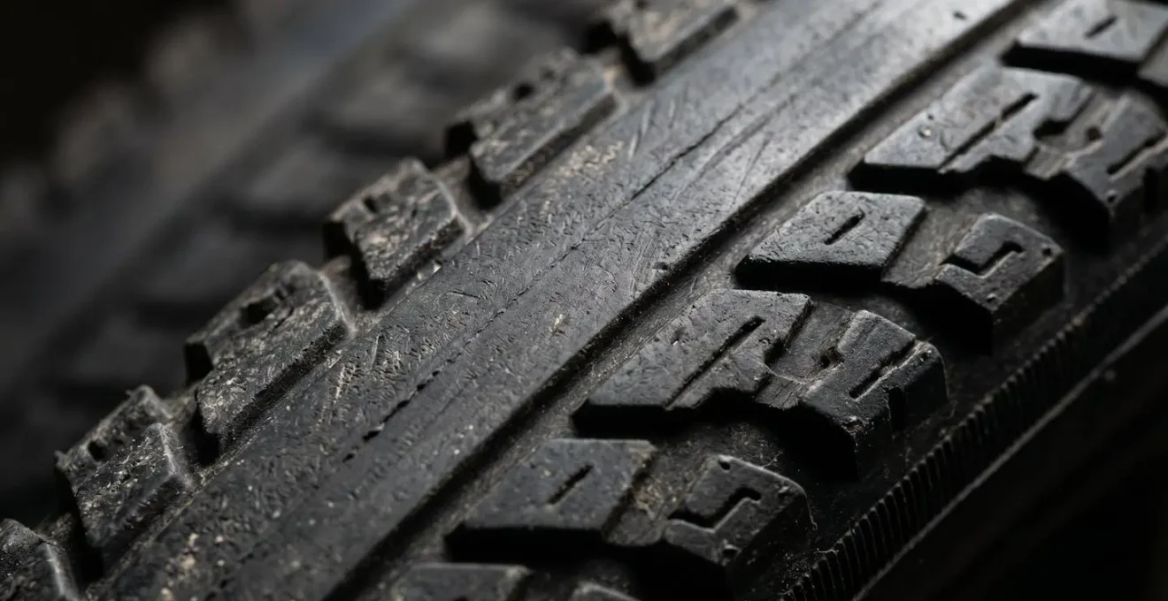 Gros plan sur la bande de roulement d'un pneu vélo mixte montrant crampons et texture