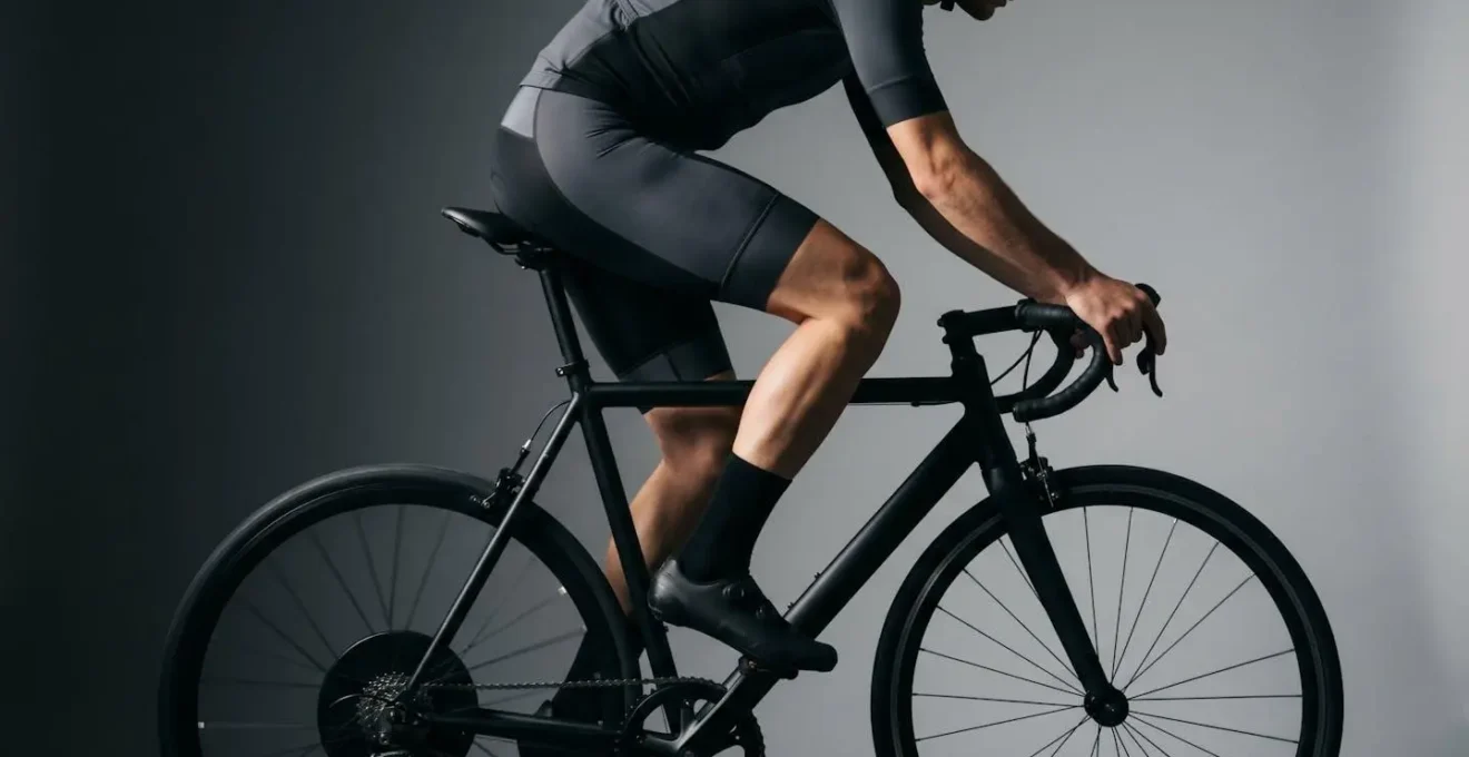 Vue de profil d'un cycliste montrant l'angle d'ouverture entre le tronc et les jambes au point mort haut