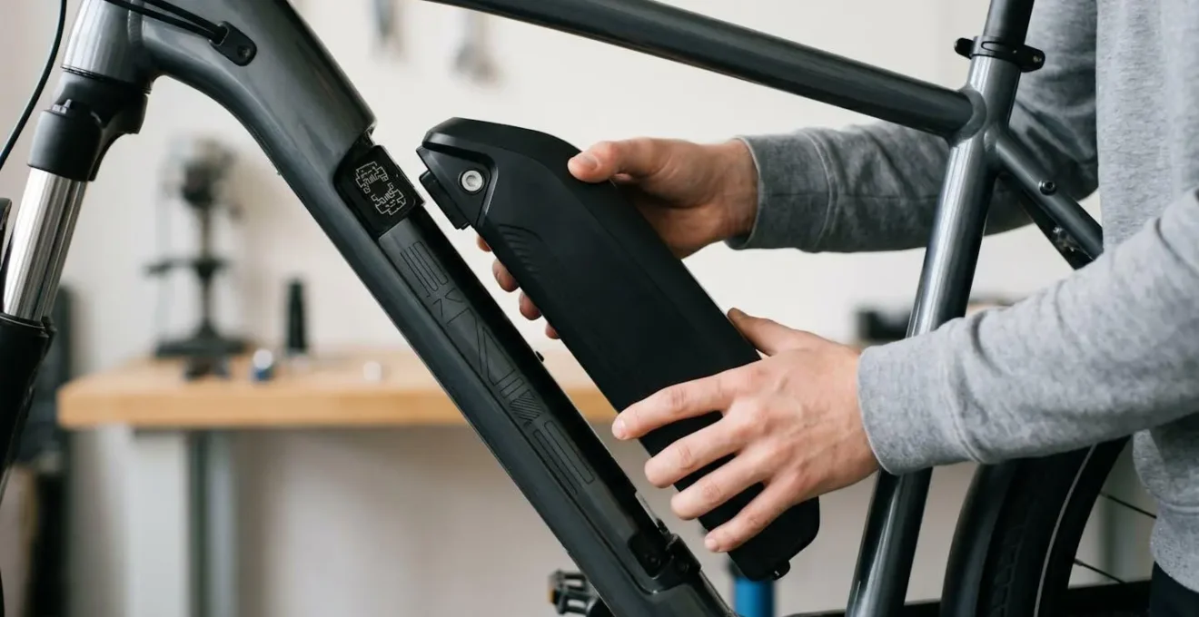 Batterie de vélo électrique amovible montrant la simplicité du système de retrait pour sécurisation