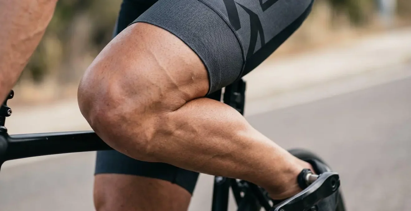 Gros plan macro sur les jambes d'un cycliste en mouvement montrant la fluidité du mouvement circulaire