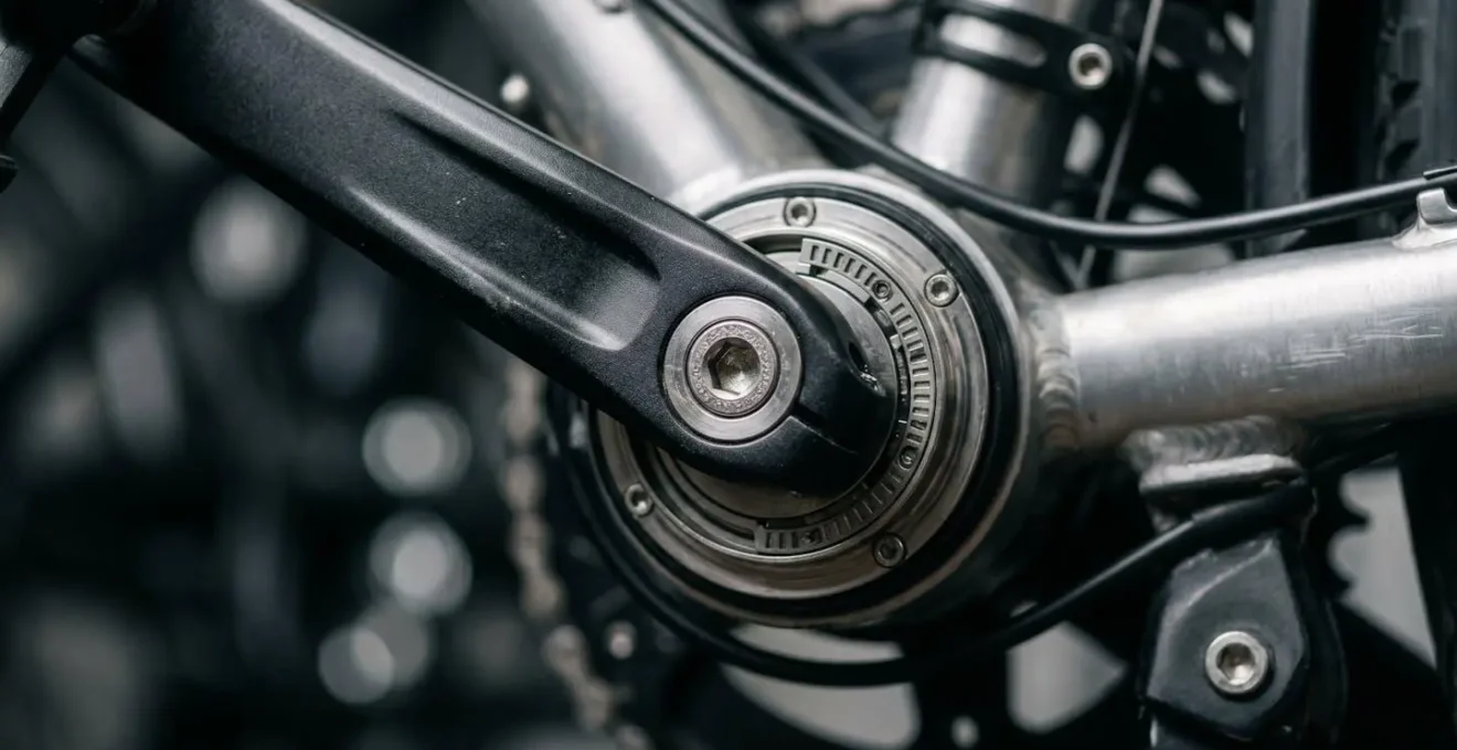 Gros plan sur un système de pédalage de vélo électrique illustrant la technologie d'assistance progressive