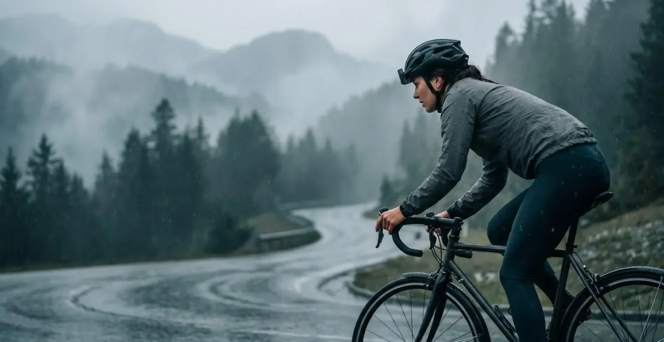 Cycliste négociant une descente en conditions météorologiques difficiles