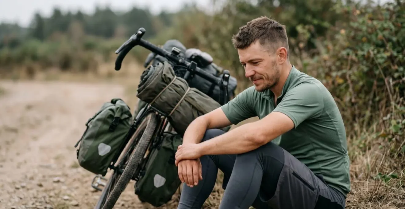 Portrait d'un cycliste en pause montrant une émotion contemplative et fatigue