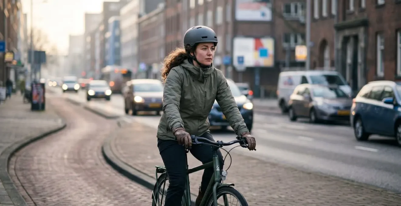 Cycliste en milieu urbain adoptant des stratégies pour minimiser l'exposition à la pollution atmosphérique