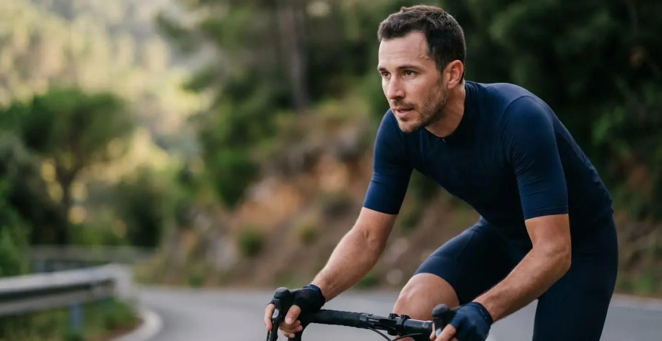 Portrait rapproché d'un cycliste en effort modéré sur un VAE en montée, avec une expression concentrée.