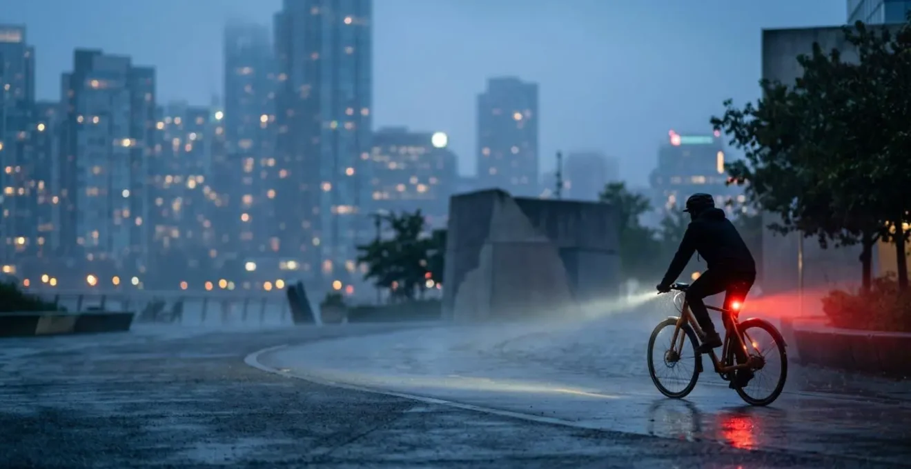 Cycliste éclairé de manière optimale dans un environnement nocturne urbain illustrant la visibilité maximale