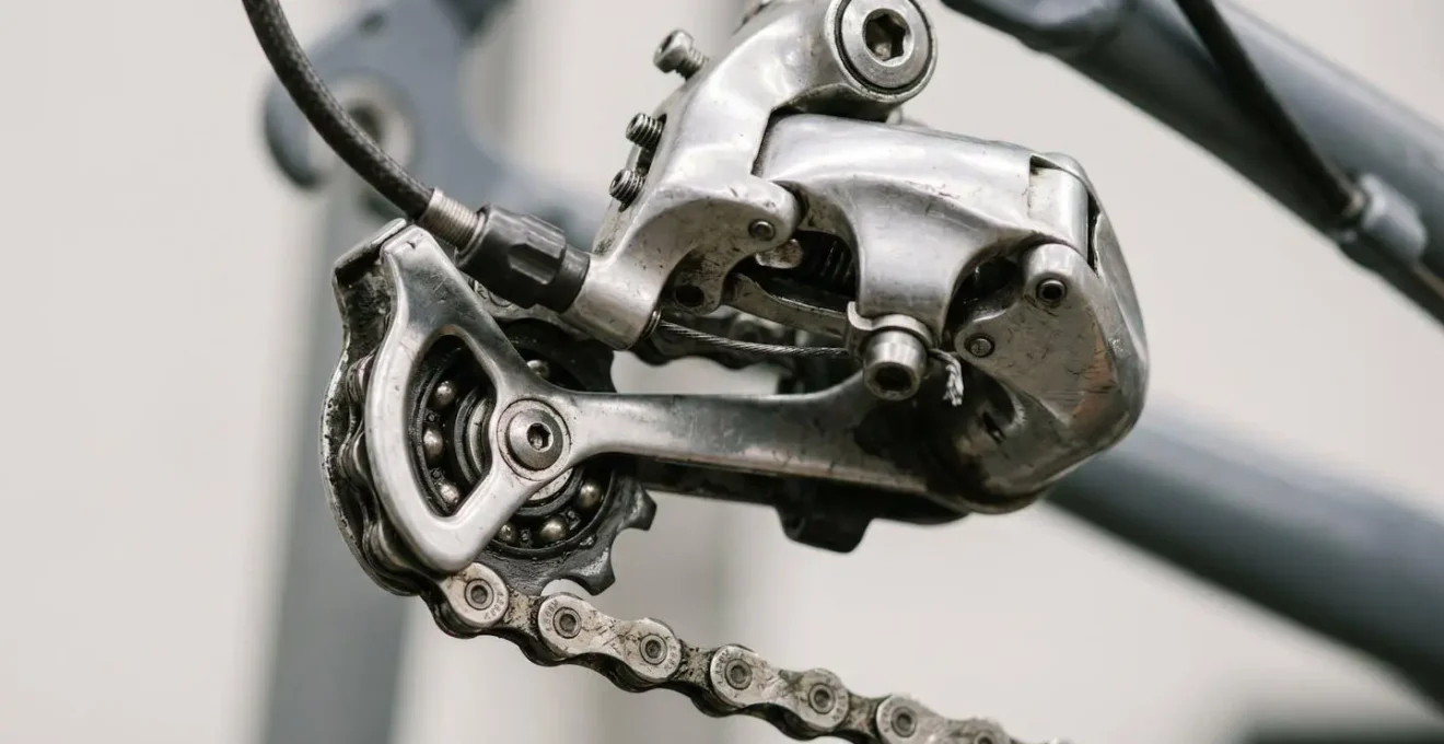 Détail macro de composants de transmission VTT montrant les zones critiques d'usure