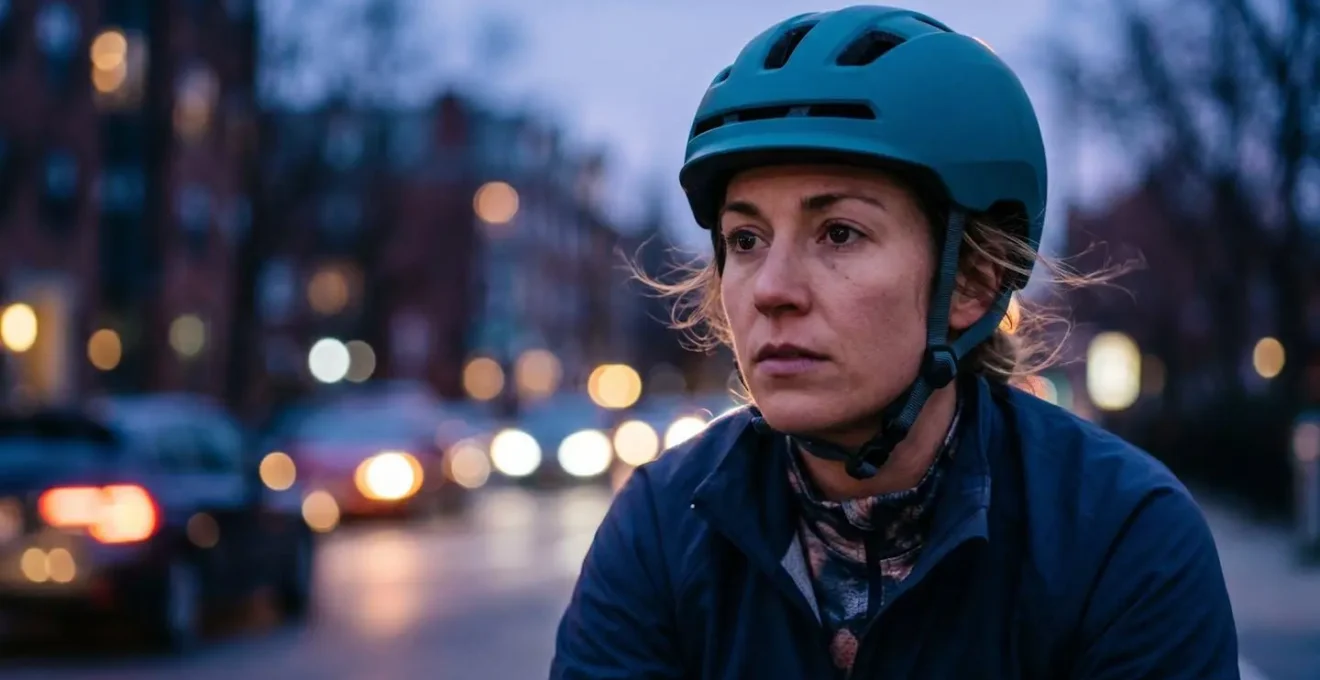 Portrait en gros plan d'un cycliste equipe pour la visibilite nocturne avec eclairage