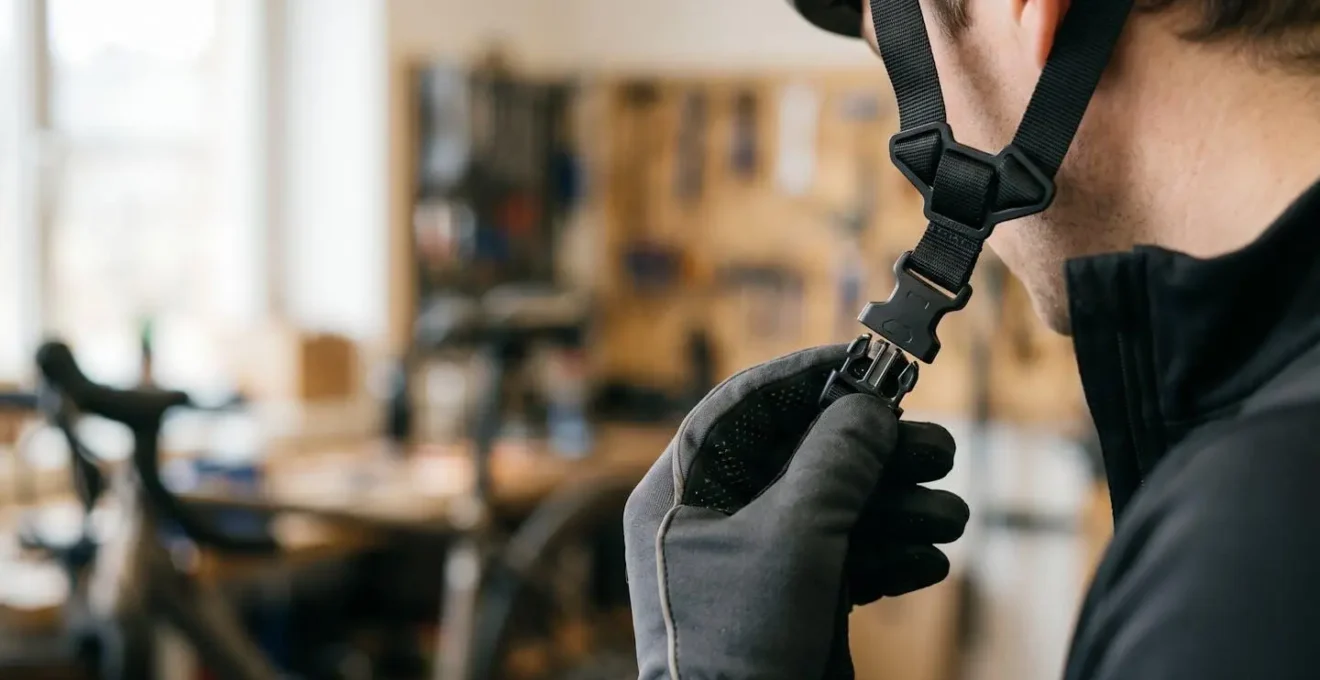 Détail d'une boucle magnétique de casque de vélo en cours de fermeture