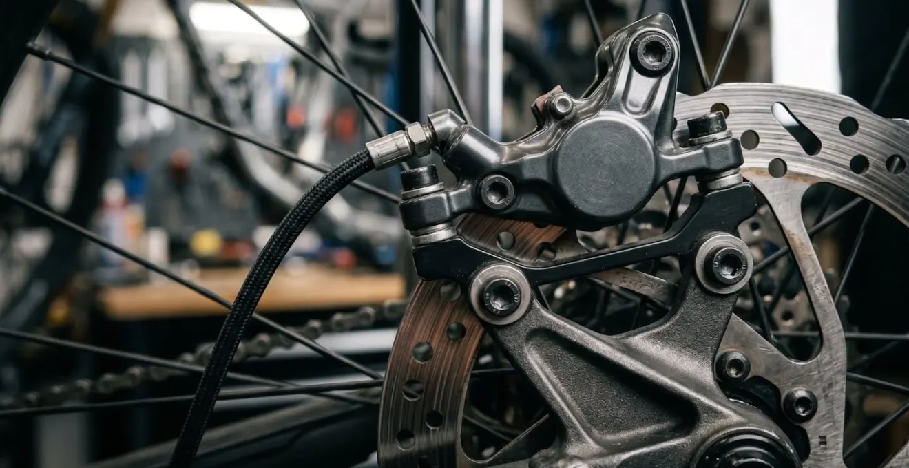 Gros plan sur système de freinage à disque moderne avec capteur ABS pour vélo