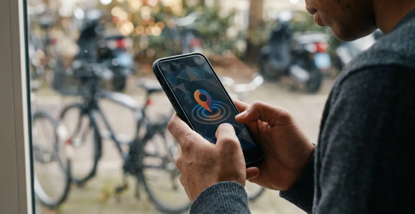 Cycliste consultant une application de localisation GPS sur son smartphone en zone urbaine