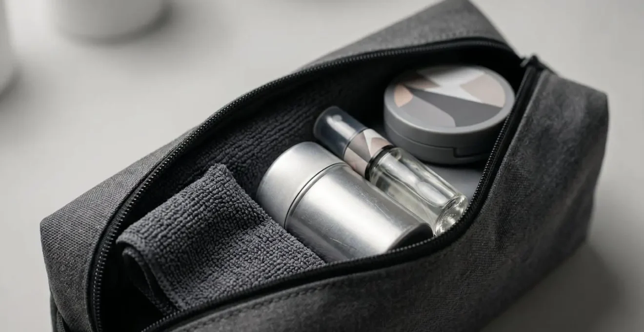Kit d'hygiène compact et discret du vélotafeur avec produits de fraîcheur élégamment organisés