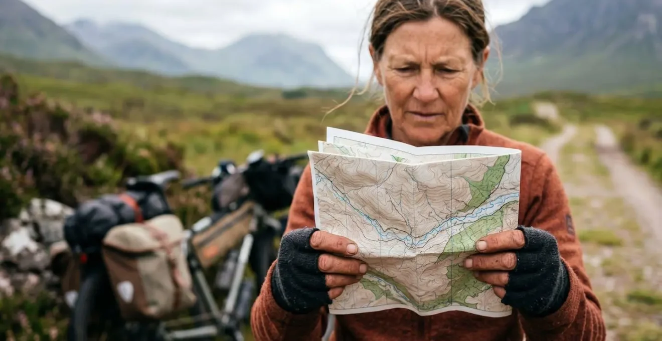 Cycliste consultant une carte topographique en pleine nature lors d'une pause navigation