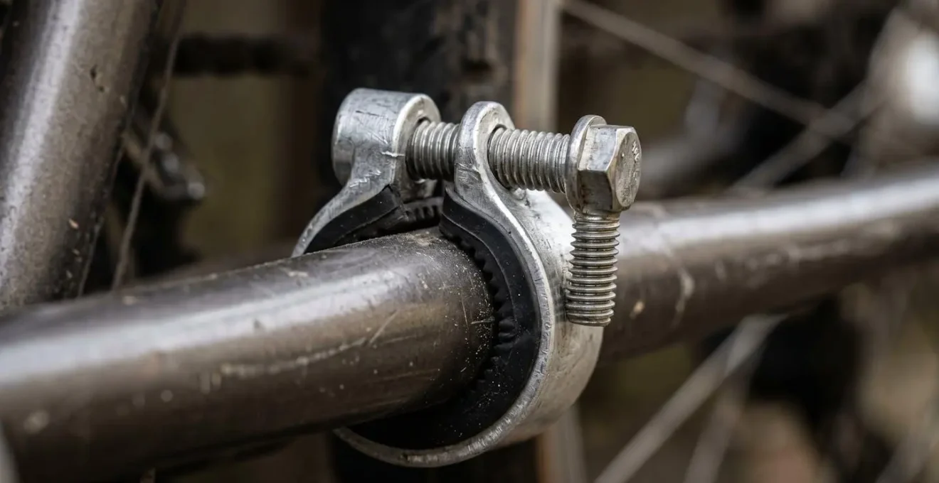 Système de fixation par colliers métalliques sur cadre de vélo sans œillets de montage