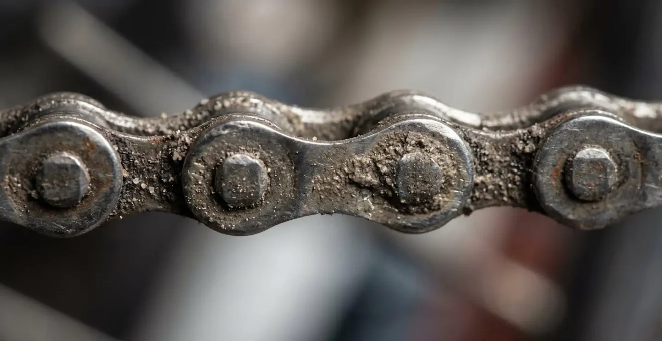 Vue macro des maillons de chaîne vélo montrant l'accumulation de pâte abrasive entre les composants métalliques