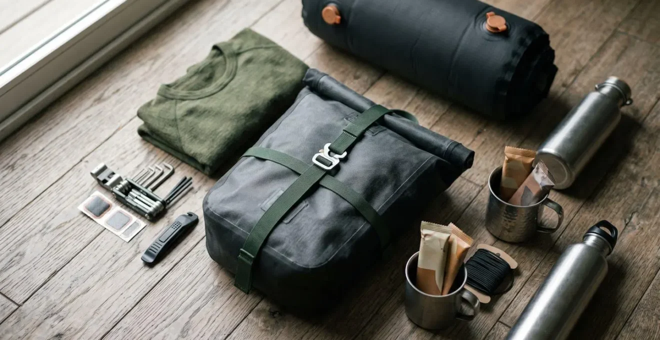 Vue aérienne d'un système d'organisation de bagages pour voyage à vélo avec sacoches et équipement disposés méthodiquement