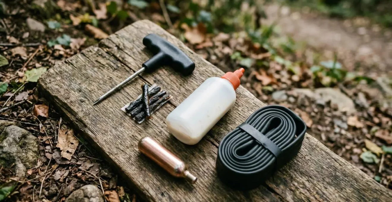 Kit de réparation VTT tubeless disposé sur fond naturel extérieur