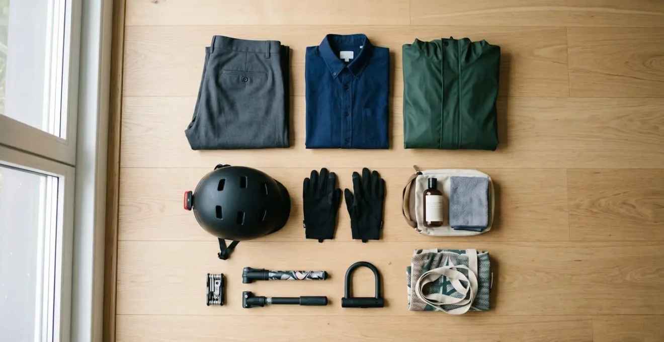 Préparation organisée du vélotafeur la veille au soir avec vêtements et équipement disposés méthodiquement