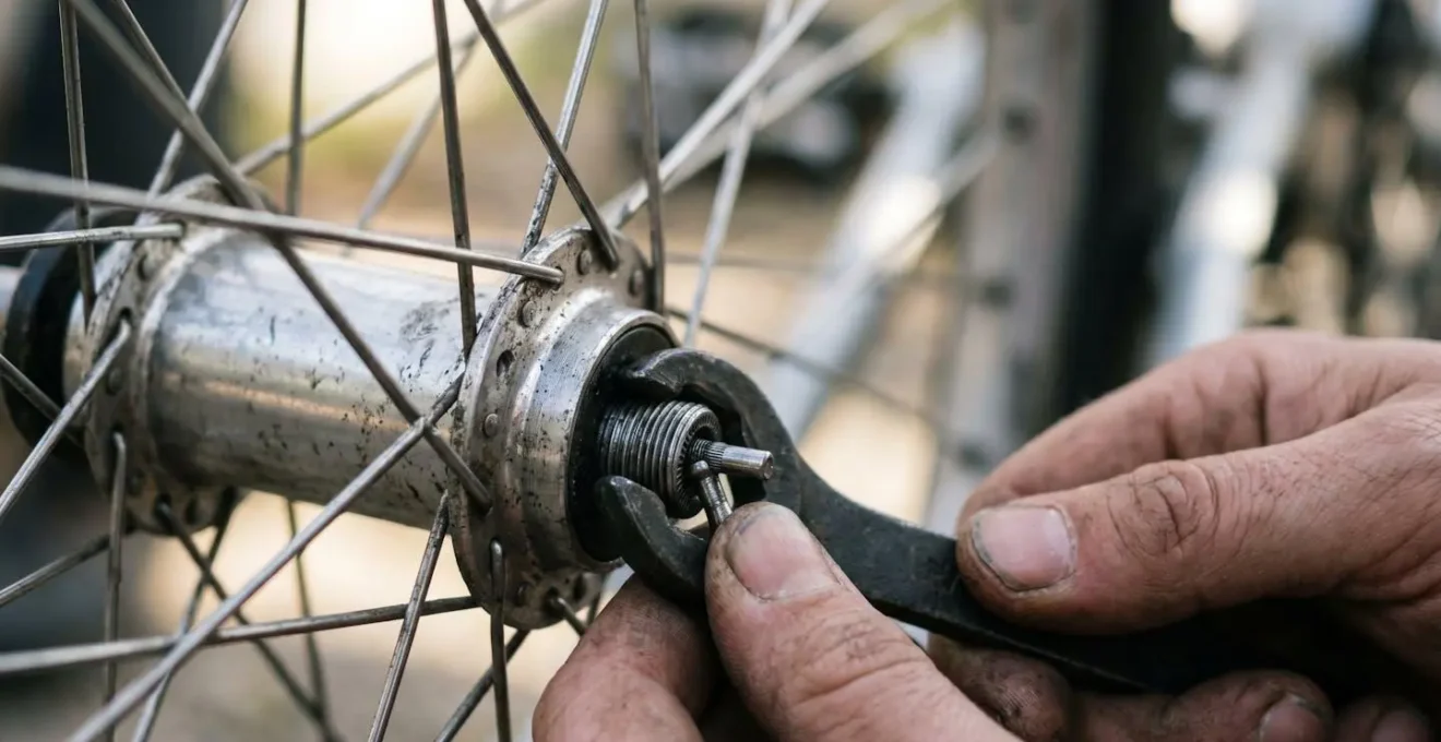 Gros plan sur une roue de vélo avec un rayon cassé, mains d'un cycliste effectuant une réparation de fortune