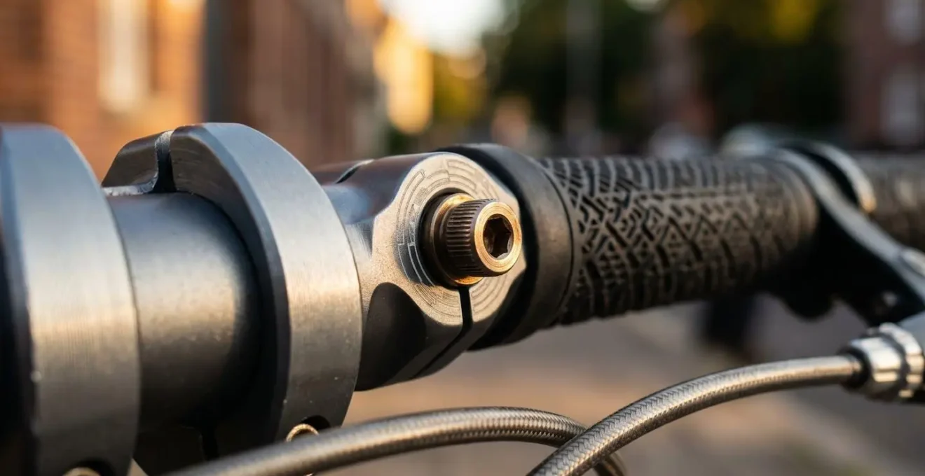 Détail du poste de pilotage d'un vélo urbain montrant le réglage optimal de la hauteur du guidon pour maximiser la visibilité