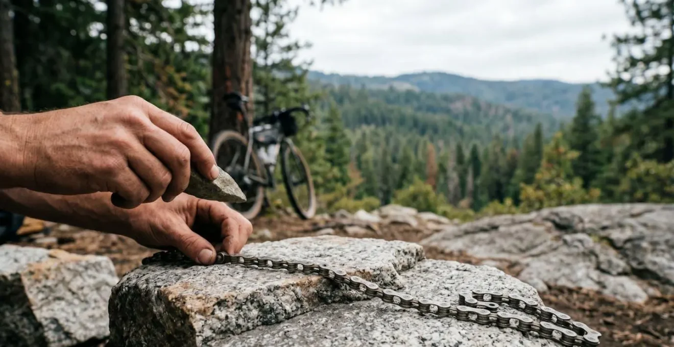 Technique de survie pour réparer une chaîne de vélo avec deux pierres servant d'enclume et de marteau