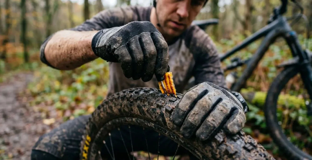 Insertion d'une mèche de réparation dans un pneu tubeless VTT crevé